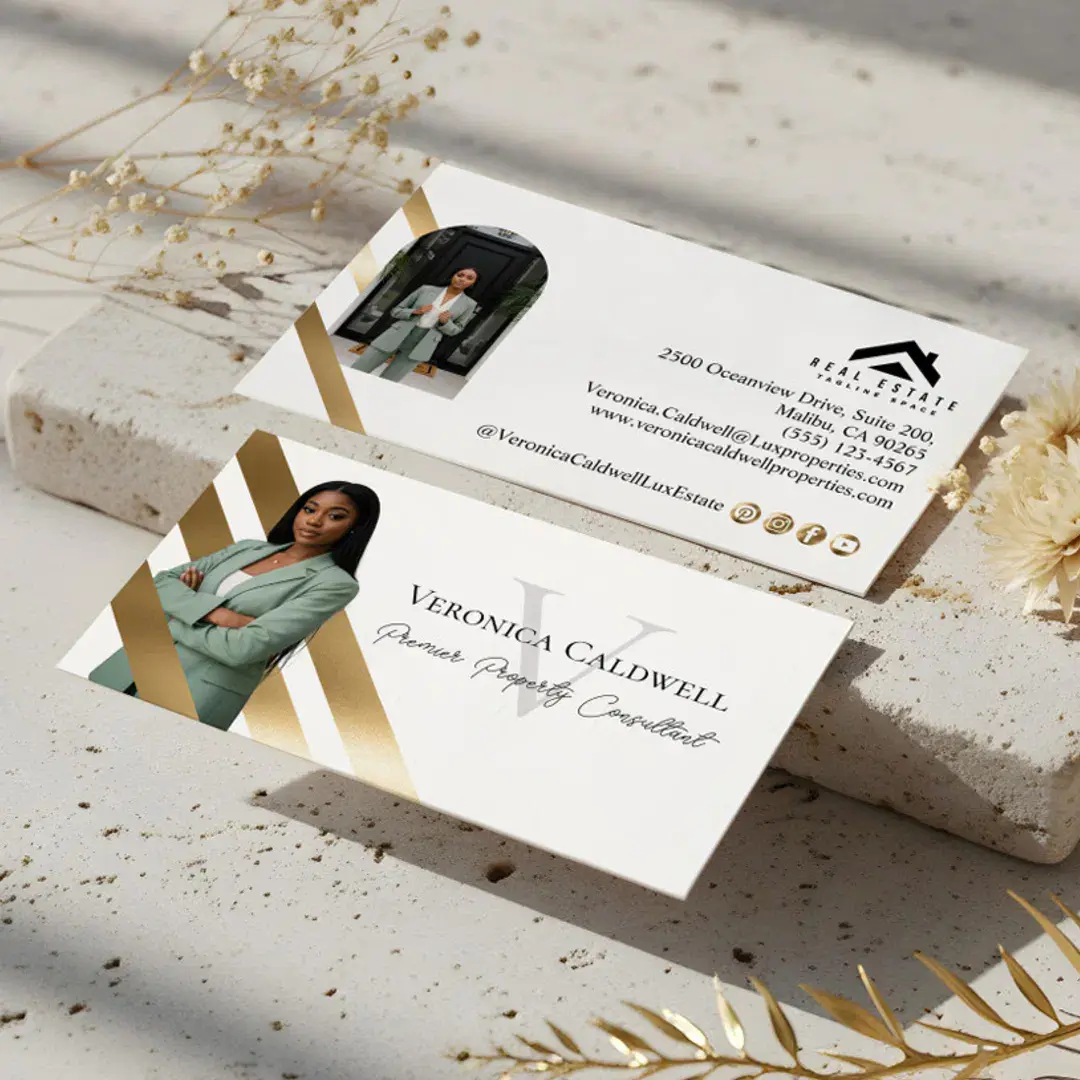 Gold Luxury Real Estate Agent Photo Monogram Luxe White Business Card