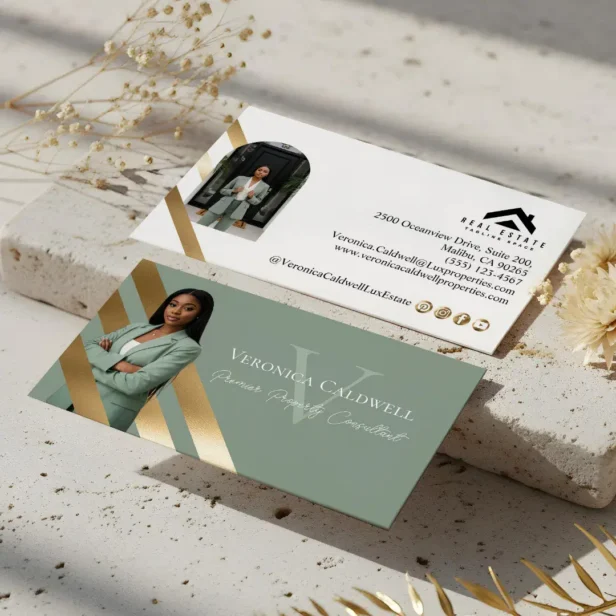 Gold Luxury Real Estate Agent Photo Monogram Luxe Mint Green Business Card