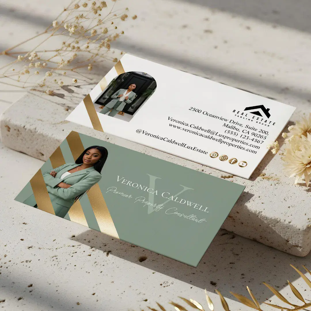 Gold Luxury Real Estate Agent Photo Monogram Luxe Mint Green Business Card