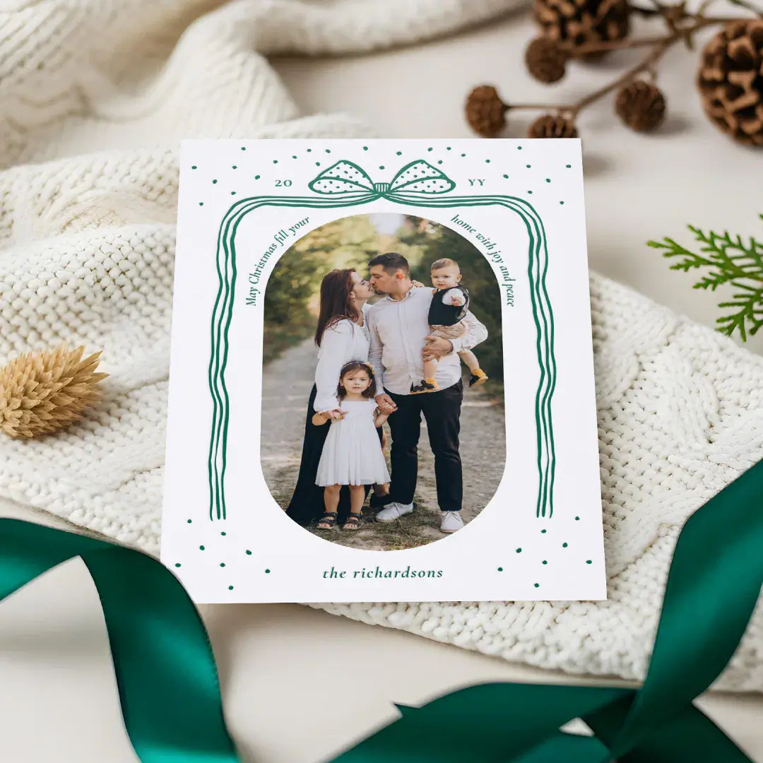 Hand Drawn Green Bow Ribbon Arch Photo Christmas Letterpress Photo Cards