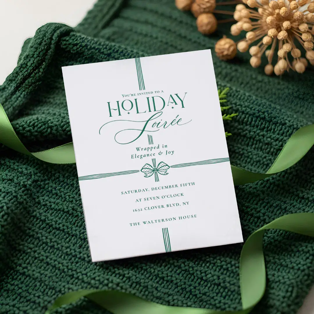 Holiday Soirée Elegant Christmas Bow Present Letterpress Photo Cards