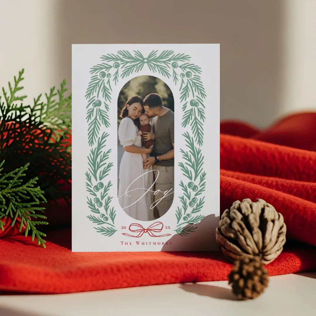 Joy Winter Pine Wreath Photo Arch Frame Christmas Letterpress Photo Cards