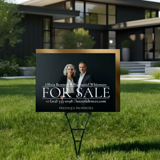 Luxury Dual Photo Realtor Black Gold Home For Sale Sign