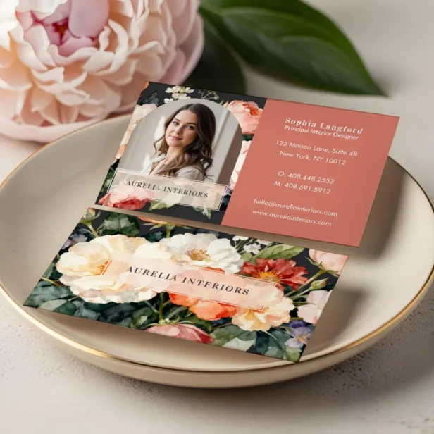 Luxury Floral Arch Photo Stylish Interior Designer Beige Pink Business Card
