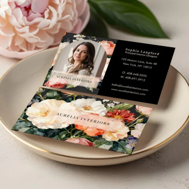 Luxury Floral Arch Photo Stylish Interior Designer Beige Black Business Card