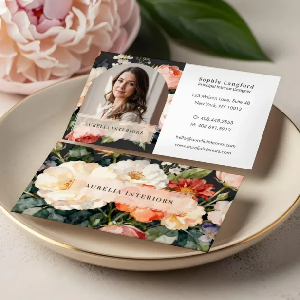 Luxury Floral Arch Photo Stylish Interior Designer White Business Card