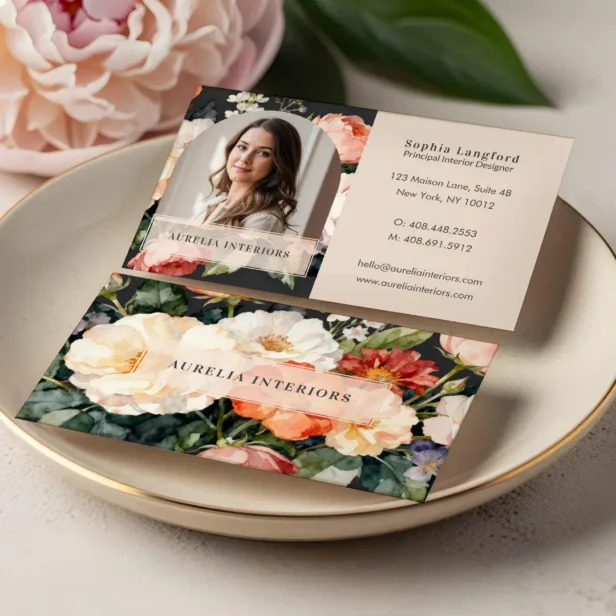 Luxury Floral Arch Photo Stylish Interior Designer Beige Business Card