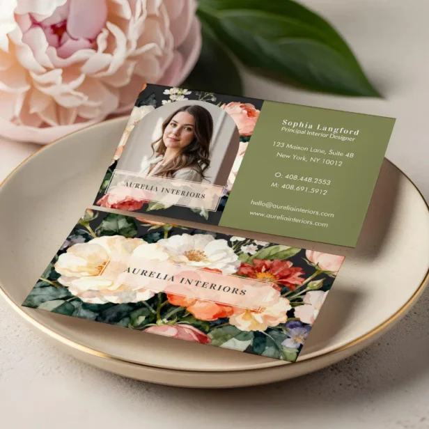 Luxury Floral Arch Photo Stylish Interior Designer Beige Black Green Business Card