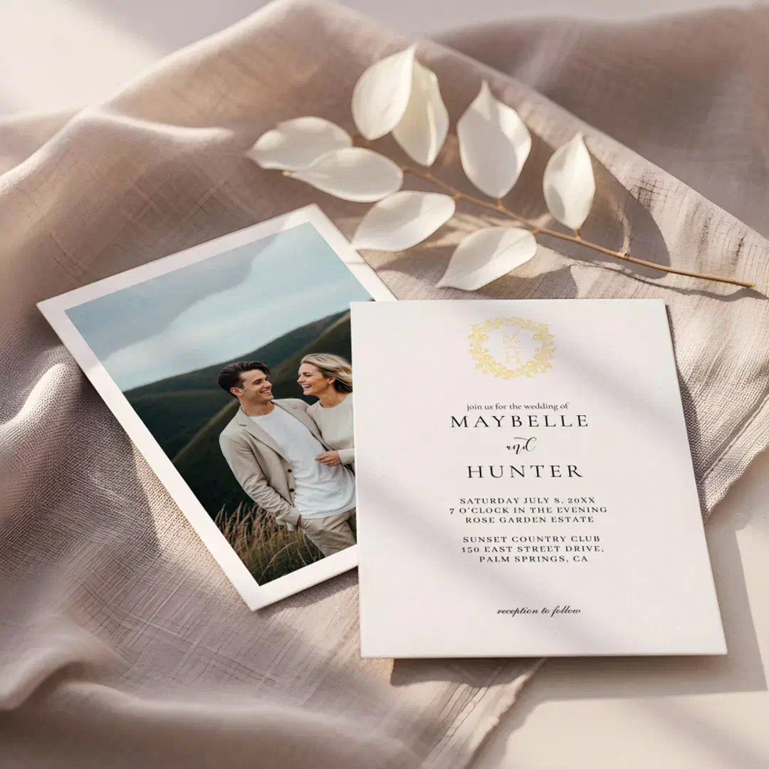 Luxury Floral Vine Crest Monogram Wedding Photo Foil Invitation