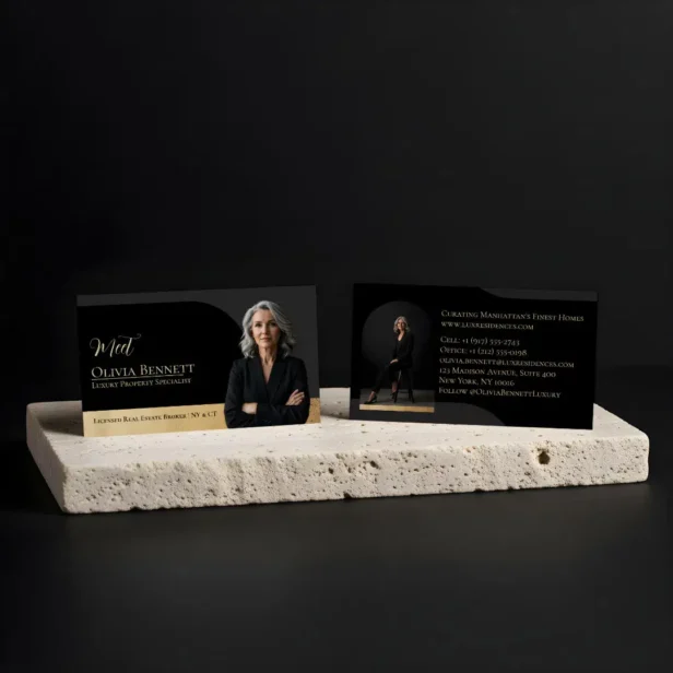 Luxury Real Estate Arch Frame Photo Black Charcoal Gold Business Card