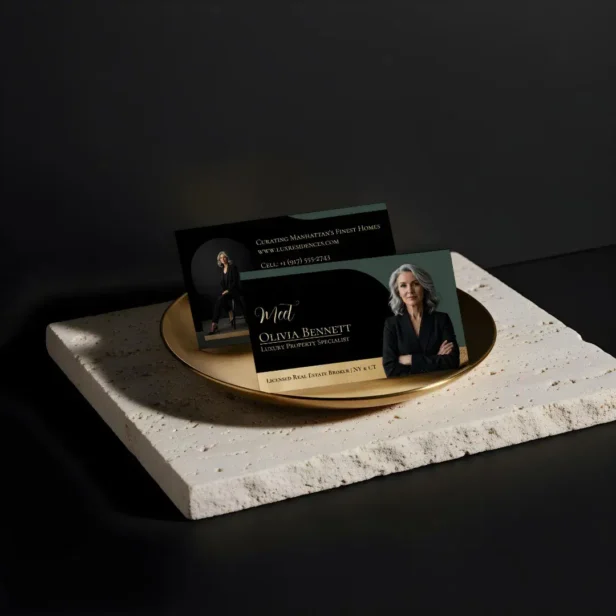 Luxury Real Estate Arch Frame Photo Black Gold Green Business Card