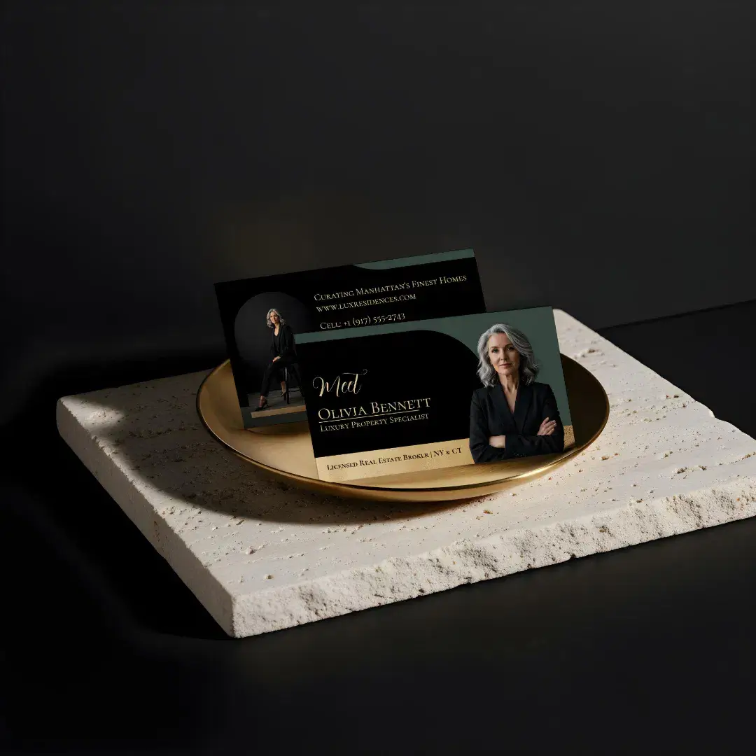 Luxury Real Estate Arch Frame Photo Black Gold Green Business Card