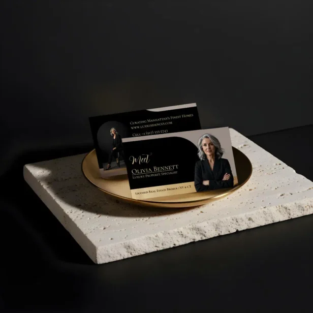 Luxury Real Estate Arch Frame Photo Black Beige Gold Business Card