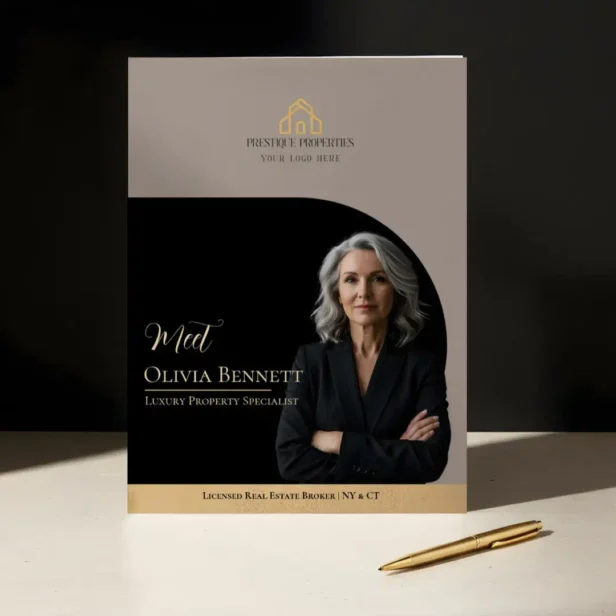 Luxury Real Estate Arch Frame Photo Black Gold Beige Pocket Folder