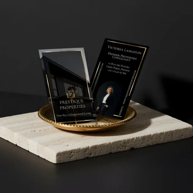 Luxury Real Estate Black Gold Photo Monogram Business Card