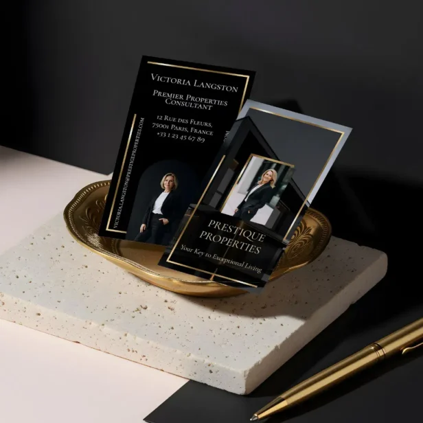 Luxury Real Estate Black Gold Photo Monogram Business Card