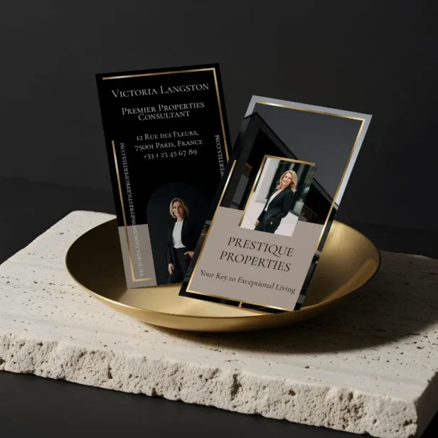 Luxury Real Estate Black Gold Photo Monogram Beige Business Card