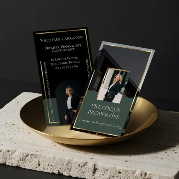 Luxury Real Estate Black Gold Photo Monogram Green Business Card