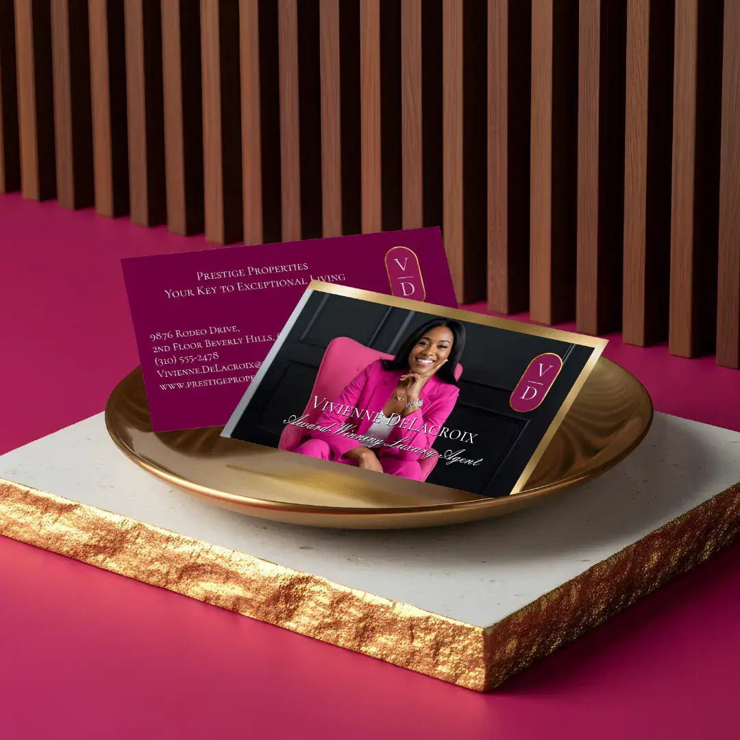 Luxury Real Estate Black Gold Pink Photo Monogram Pink Business Card