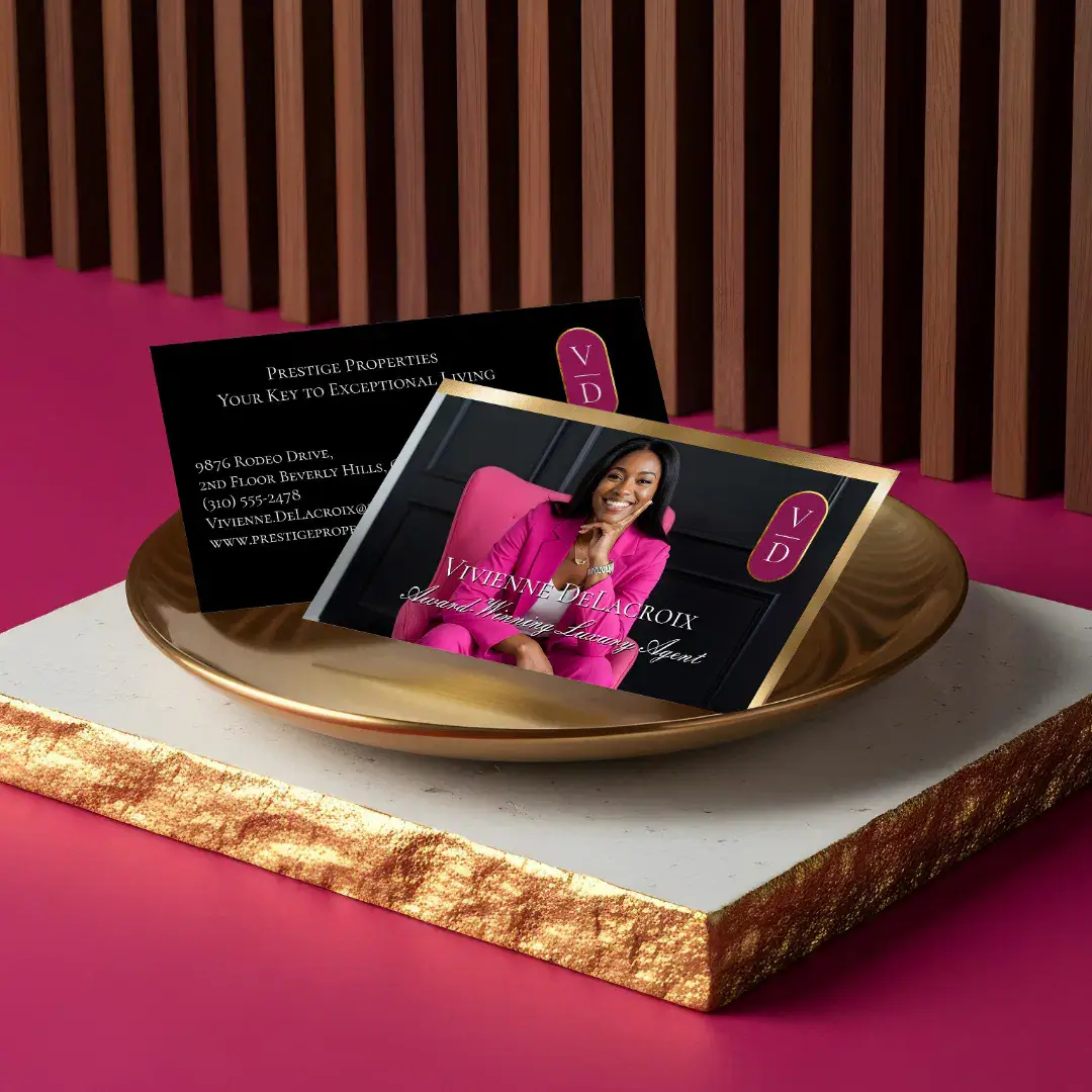 Luxury Real Estate Black Gold Pink Photo Monogram Black Business Card