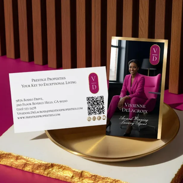Luxury Real Estate Black Gold Pink Photo Monogram Vertical White Business Card