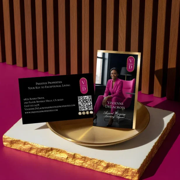 Luxury Real Estate Black Gold Pink Photo Monogram Vertical Black Business Card