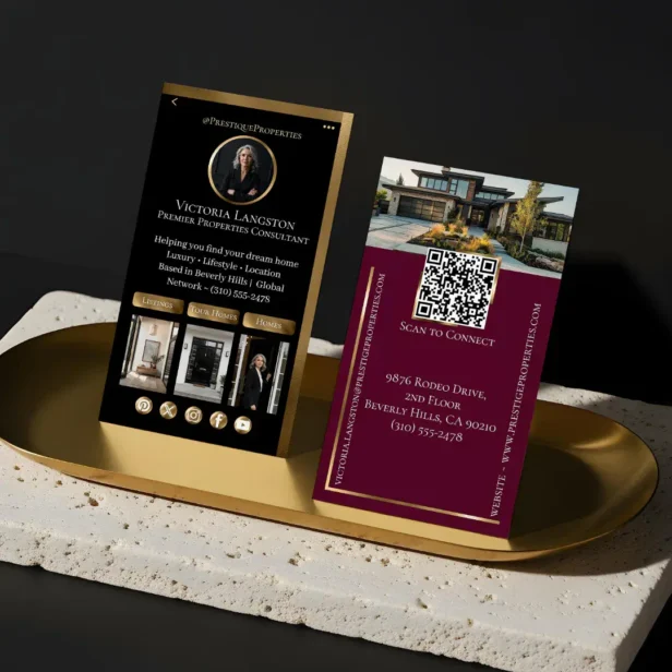 Luxury Real Estate Black Gold Burgundy Social Media Photos Business Card