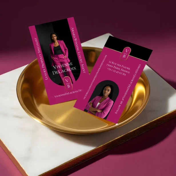 Luxury Real Estate Elegant Black Gold & Pink Photo Business Card