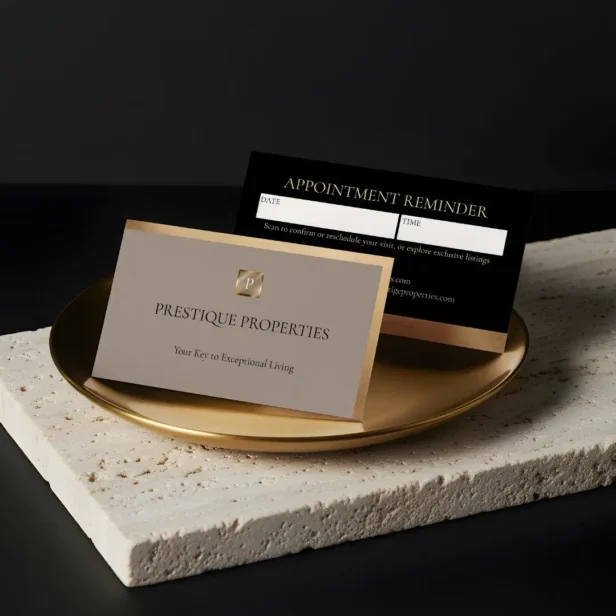 Luxury Real Estate & Law Firm Black Gold Monogram Beige Appointment Card
