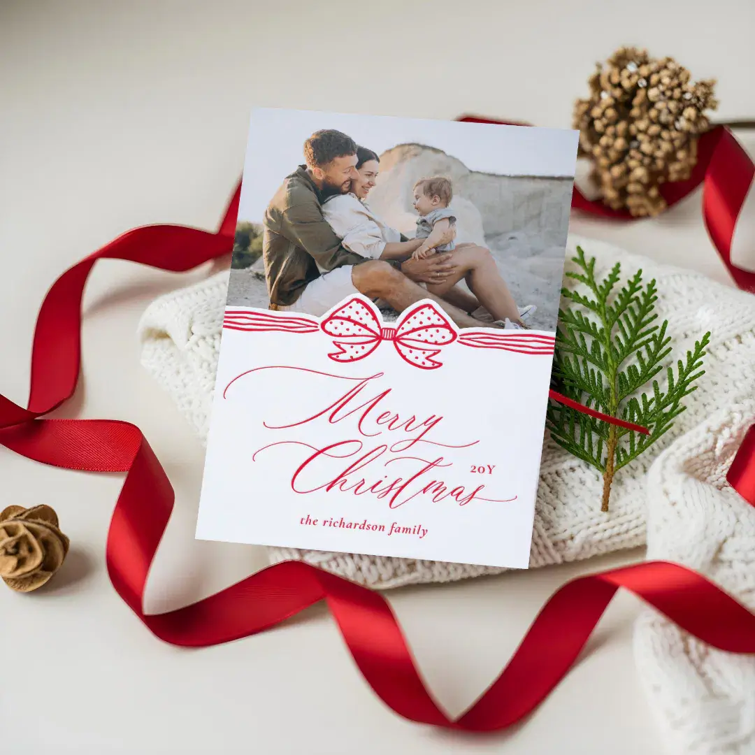 Merry Christmas Script Elegant Bow & Ribbon Photo Letterpress Photo Cards