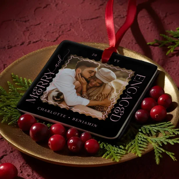 Merry & Engaged Modern Minimal Wavy Photo Keepsake Black Ceramic Ornament