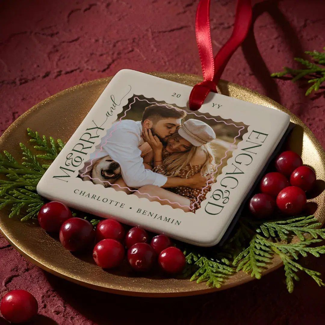 Merry & Engaged Modern Minimal Wavy Photo Keepsake White Ceramic Ornament