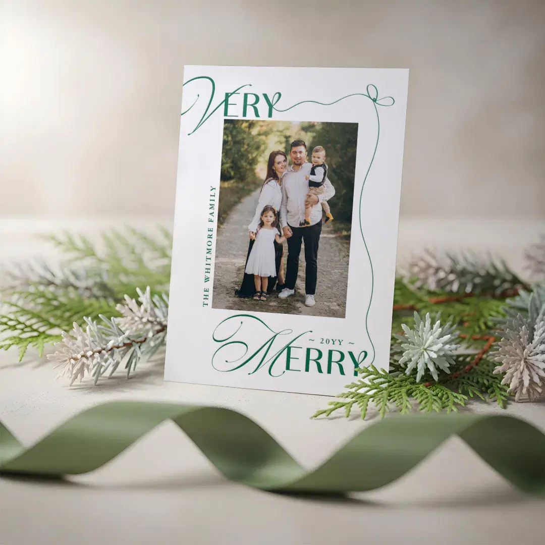 Minimal Bow Very Merry Photo Collage Christmas Letterpress Photo Cards