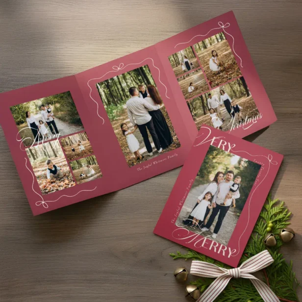 Minimal Bow Very Merry Photo Collage Christmas Red Tri-Fold Holiday Card