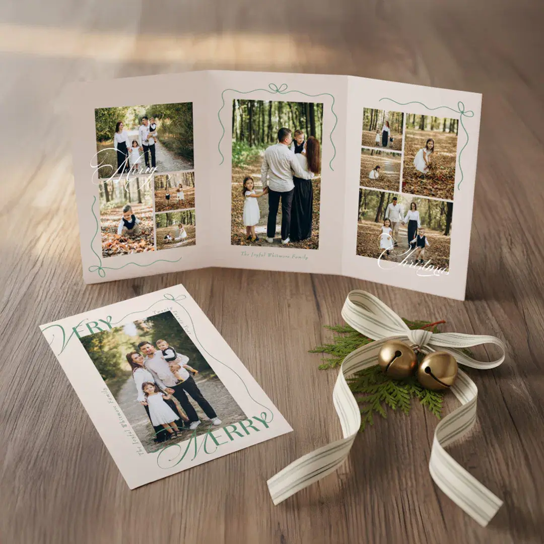 Minimal Bow Very Merry Photo Collage Christmas Beige Tri-Fold Holiday Card