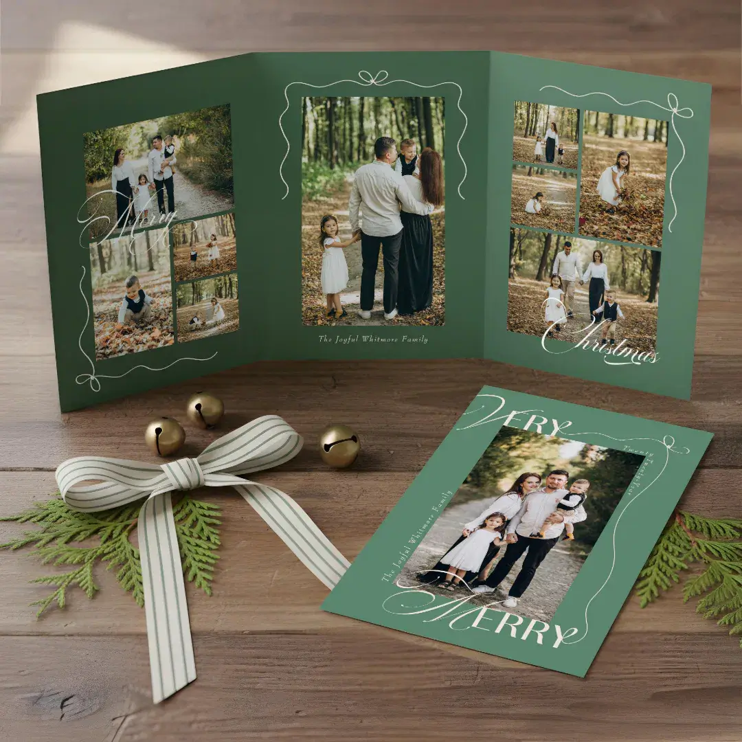 Minimal Bow Very Merry Photo Collage Christmas Green Tri-Fold Holiday Card