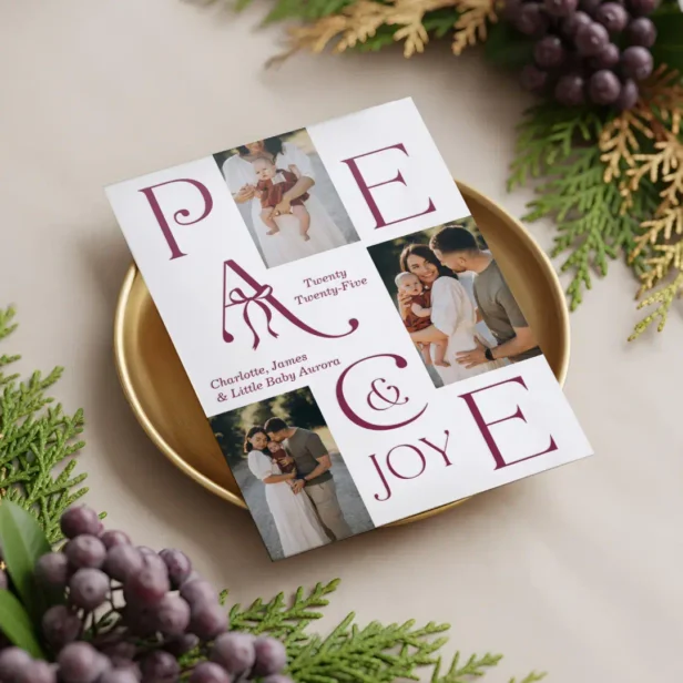 Minimal Elegant Peace & Joy Bow 3 Photo Christmas Letterpress Photo Cards