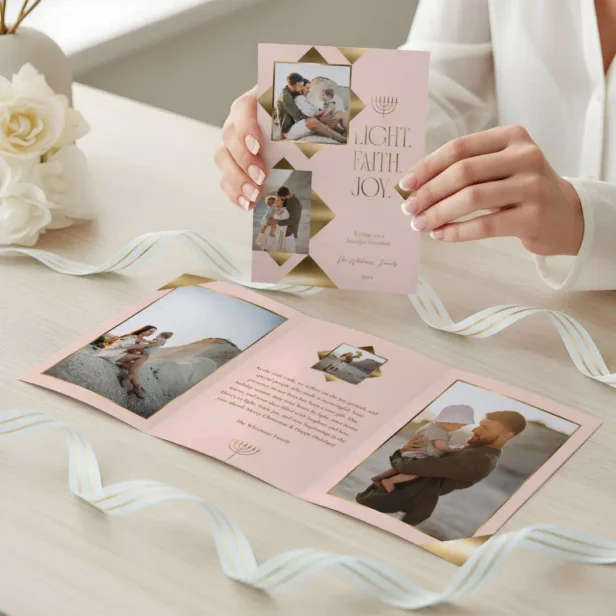 Modern Elegant Gold Star Family Photos Hanukkah Tri-Fold Blush Pink Holiday Card