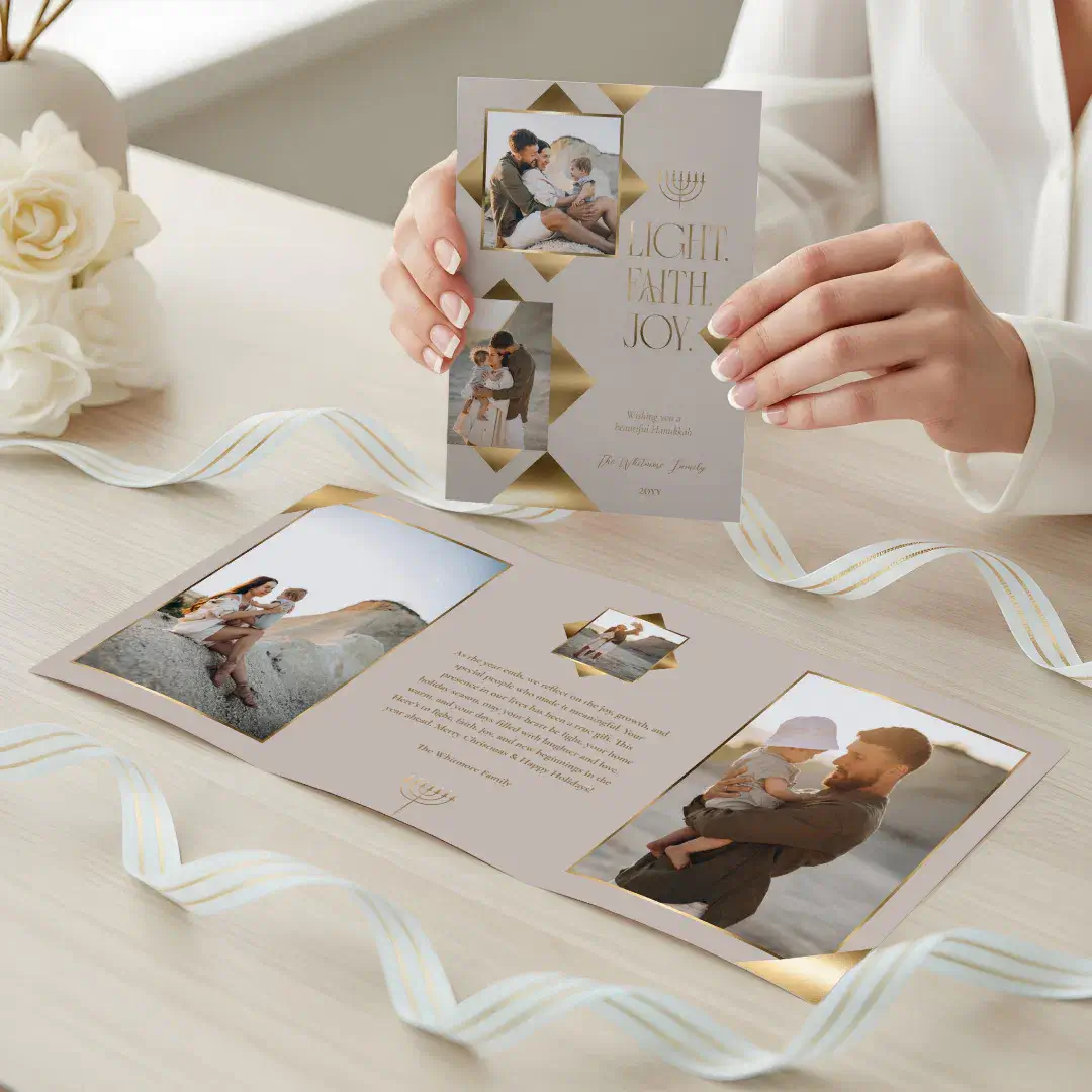 Modern Elegant Gold Star Family Photos Hanukkah Tri-Fold Blush Beige Holiday Card