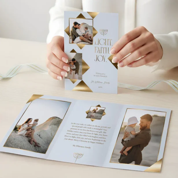Modern Elegant Gold Star Family Photos Hanukkah Tri-Fold Blue Holiday Card