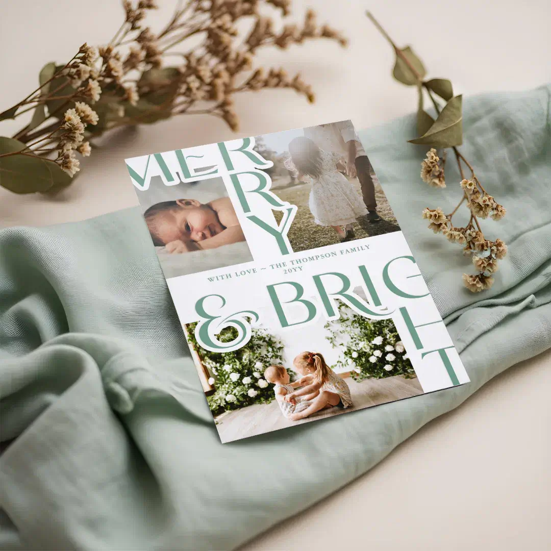 Modern Merry & Bright Bold Typography Christmas Letterpress Photo Cards