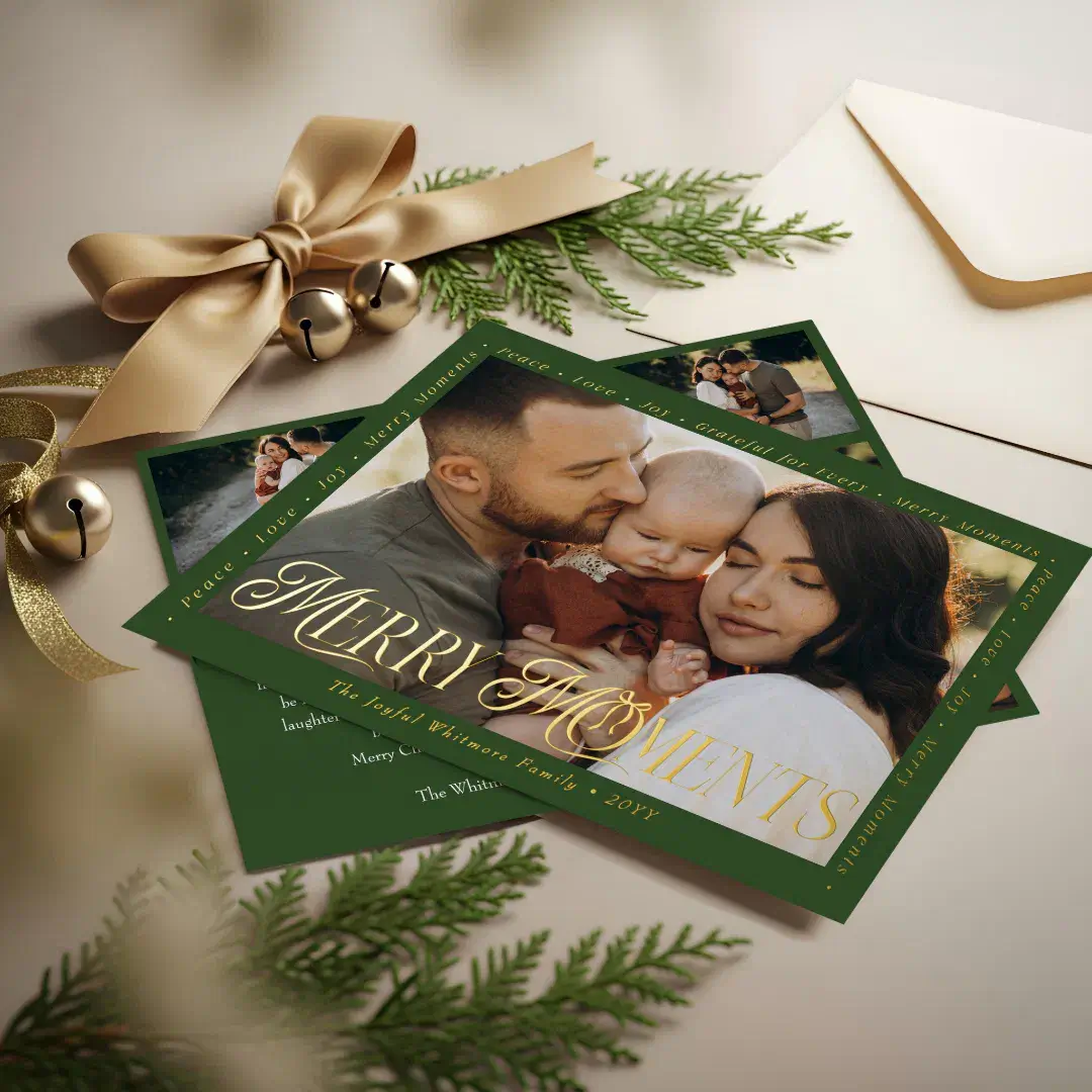 Modern Minimal Bow Merry Moments Photo Collage Foil Green Holiday Card