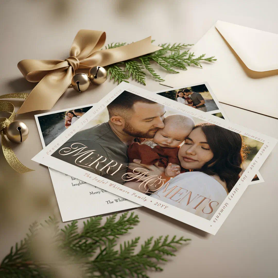 Modern Minimal Bow Merry Moments Photo Collage Foil Beige Holiday Card
