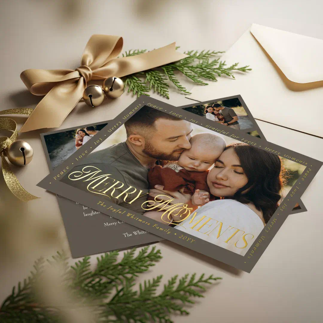 Modern Minimal Bow Merry Moments Photo Collage Foil Taupe Holiday Card