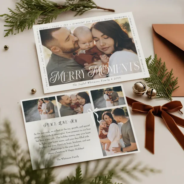 Modern Minimal Bow Merry Moments Photo Collage White Holiday Card