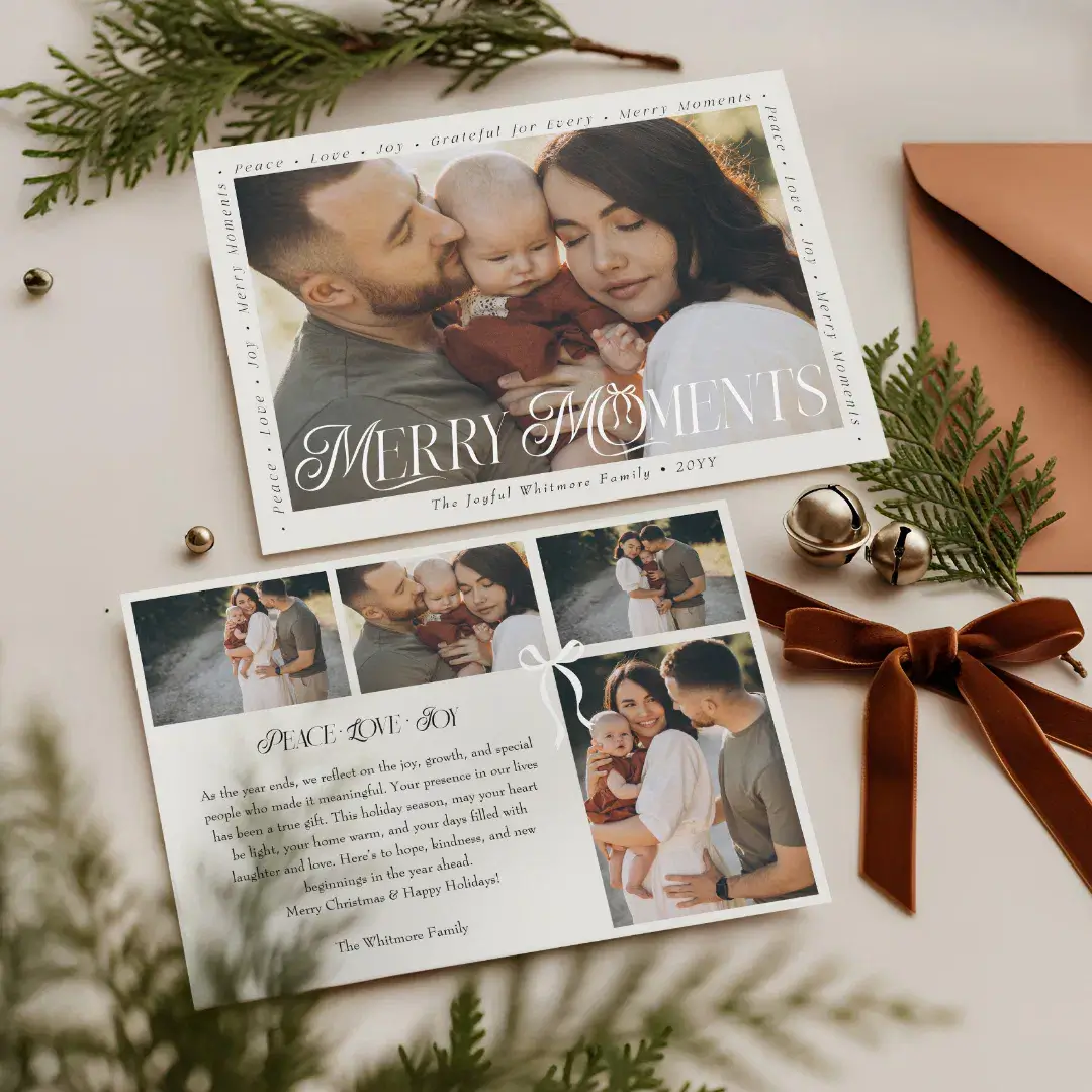 Modern Minimal Bow Merry Moments Photo Collage White Holiday Card