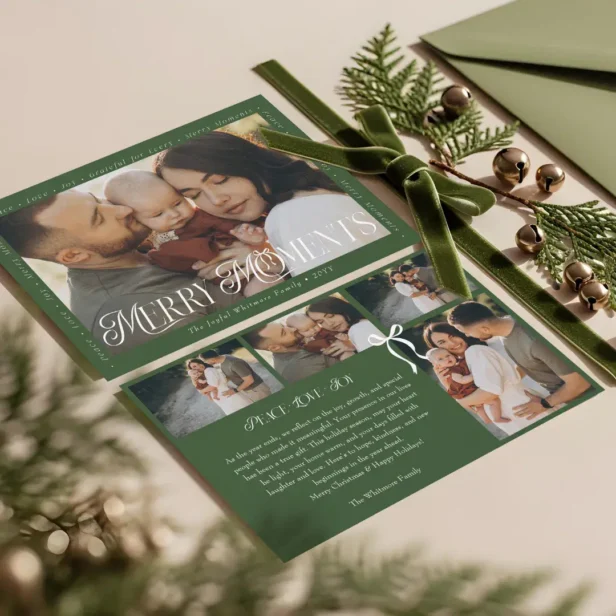 Modern Minimal Bow Merry Moments Photo Collage Green Holiday Card
