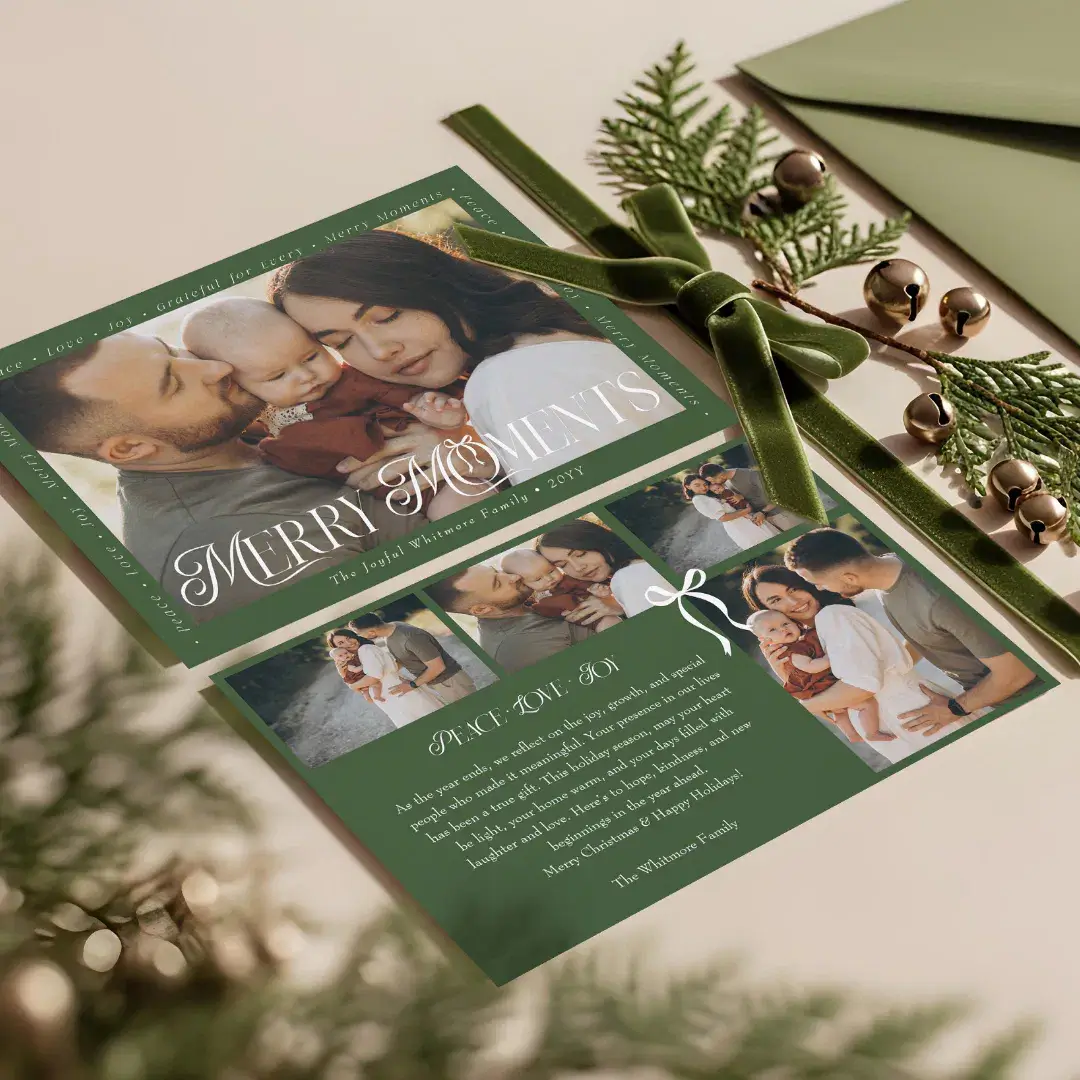 Modern Minimal Bow Merry Moments Photo Collage Green Holiday Card