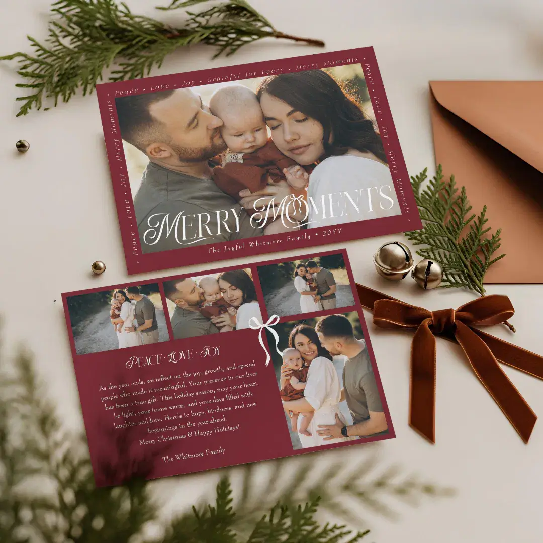 Modern Minimal Bow Merry Moments Photo Collage Red Holiday Card