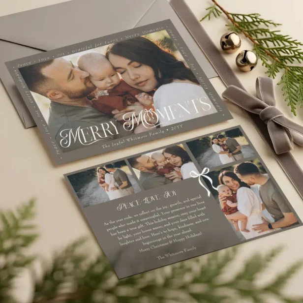 Modern Minimal Bow Merry Moments Photo Collage Taupe Holiday Card